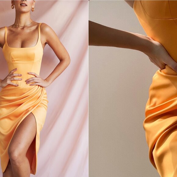 Bianca - Tangerine satin pleated corset midi dress - Picture 6 of 6